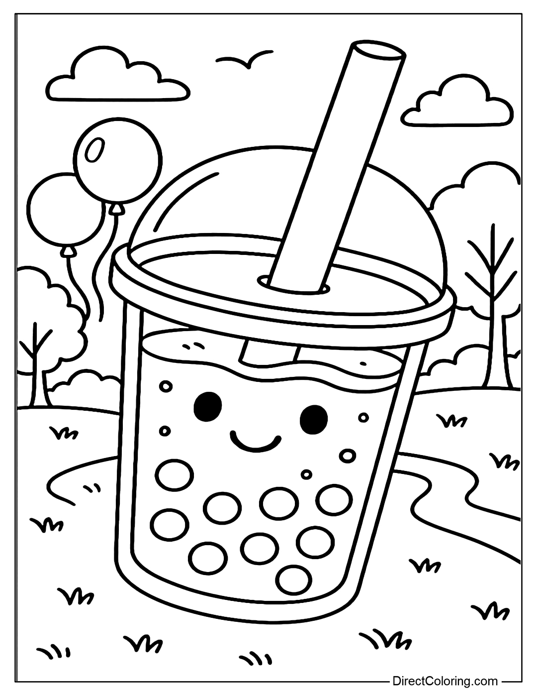 Strawberry bubble tea coloring page with round pearls, big straw and park in the background with trees, balloons.